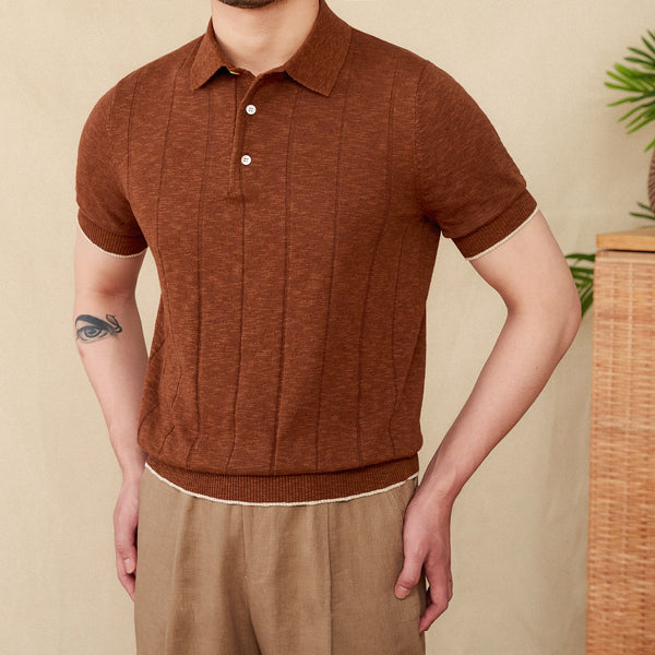 Polo Tejido Hombre Mezcla Lino Algodón con Solapa