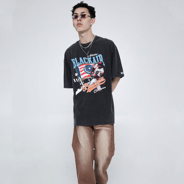 Camiseta Vintage Estilo Baseball Desgastada Suelta Manga Corta