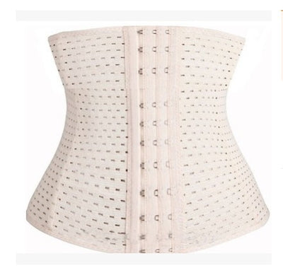 Beige steel-boned waist trainer corset with a hook-and-eye front closure and perforated, breathable fabric. - Image 4