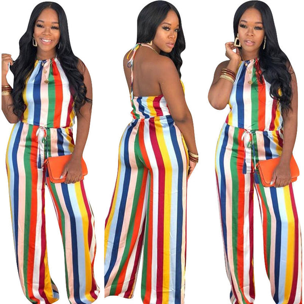 Jumpsuit Casual con Rayas Arcoíris para Mujer - Estilo Europeo y Americano