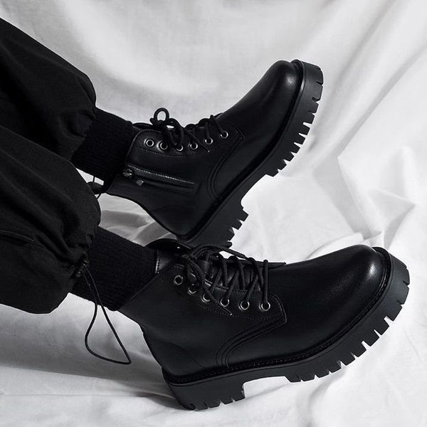 Botas Negras de Cuero para Hombre con Cierre Lateral y Plataforma Elevada