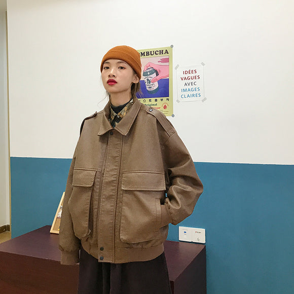 Chaqueta de Cuero Retro Estilo Hong Kong Suelta para Mujer