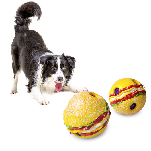 Yellow hamburger-shaped dog sound toy pet ball with red, white, and green details, featuring textured surfaces and purple sound components.