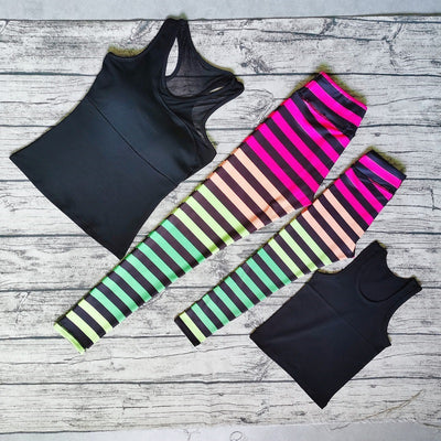 Parent-child dance fitness yoga suit with black tank tops and vibrant pink, orange, and green striped leggings. - Image 35