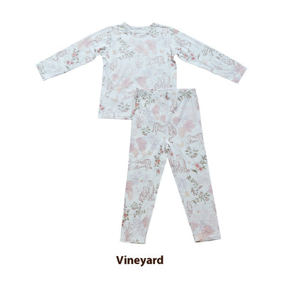 Bamboo cotton knitted parent-child pajama set with a pumpkin print long-sleeve top and solid light blue-grey pants. - Image 6