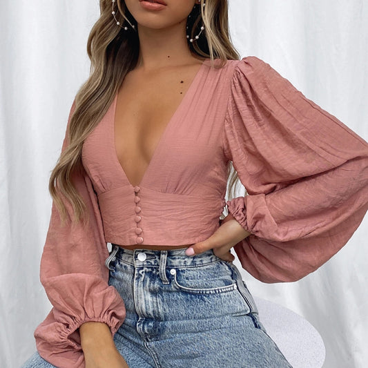 Blusa Elegante Escote en V con Mangas Linterna y Cintura Alta - Image 2