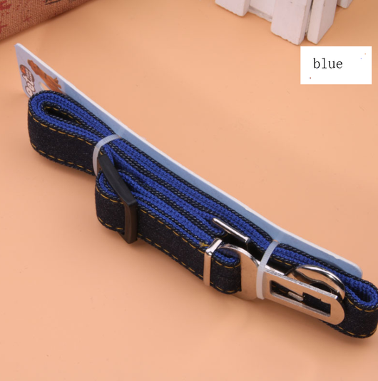 Dark blue denim pet car seat belt with yellow stitching, metal buckle, and plastic adjuster on a hanger. - Image 5