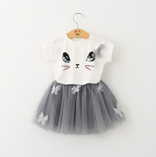 Conjunto Infantil Gato Adorable con Falda Abullonada y Detalles de Mariposa