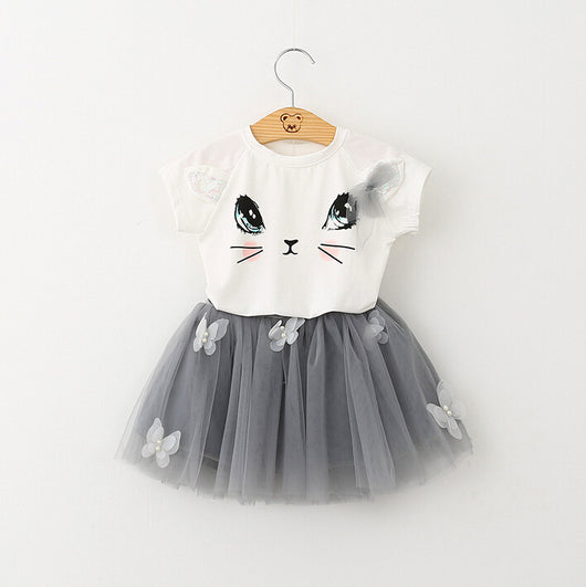 Conjunto Infantil Gato Adorable con Falda Abullonada y Detalles de Mariposa