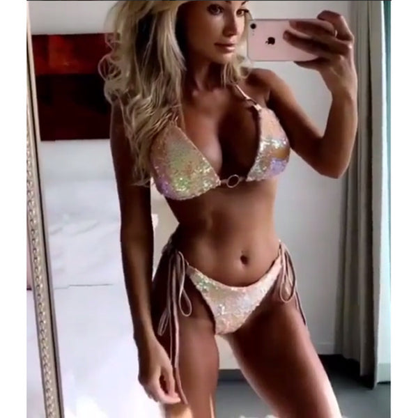 Bikini de Lentejuelas Brillante con Encaje - Conjunto de Baño Importado