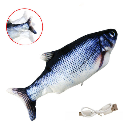Realistic plush fish cat toy with yellow and brown scales, black fins, and a white USB charging cable. - Image 2