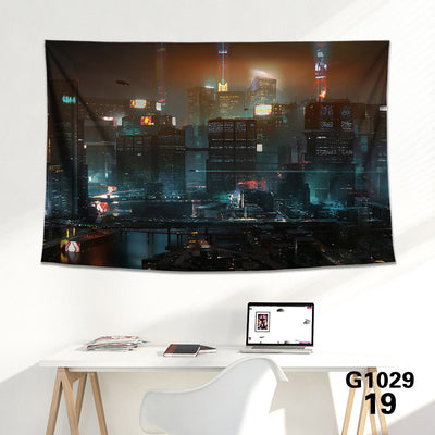 Cyberpunk 2077 tapestry featuring V and Jackie Welles with a neon-lit futuristic city skyline background. - Image 38