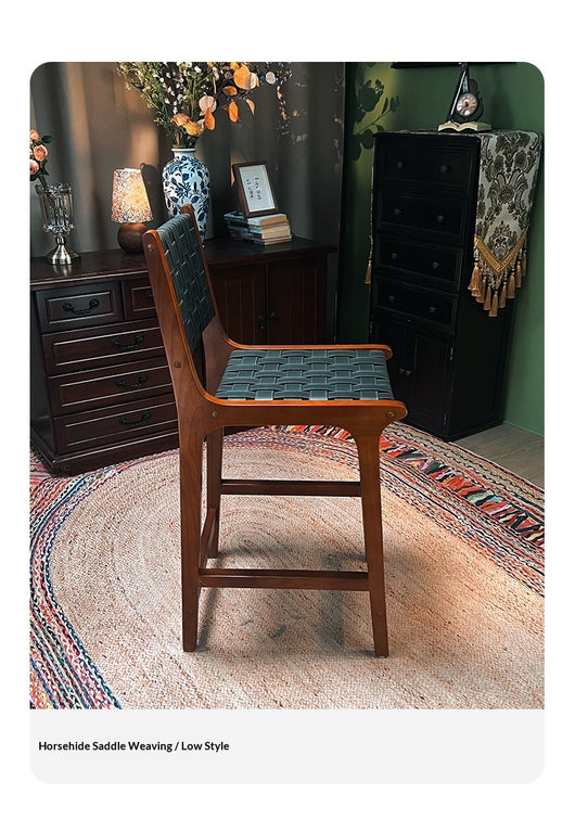 Taburete Alto de Cuero Vintage con Asiento de Silla de Madera Maciza - Image 10