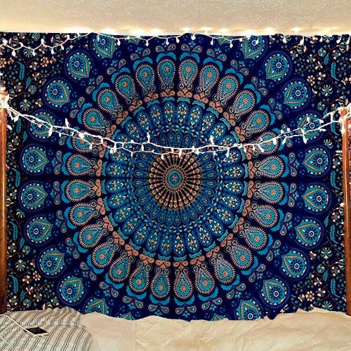 Blue, orange, and red mandala tapestry with intricate floral patterns, ideal for wall decor or dorm rooms. - Image 7