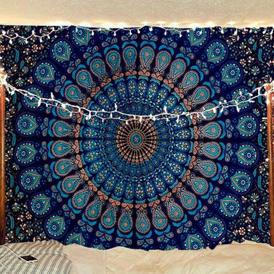 Blue, orange, and red mandala tapestry with intricate floral patterns, ideal for wall decor or dorm rooms. - Image 7