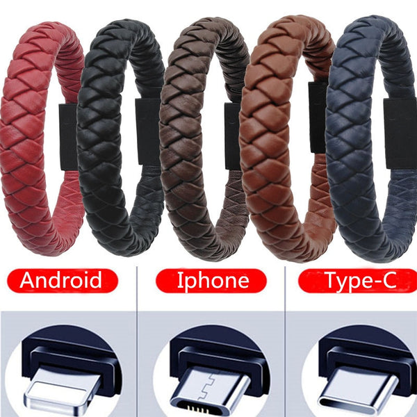 Pulsera Cable de Datos Tejida en Cuero - Diseño Creativo 2 en 1