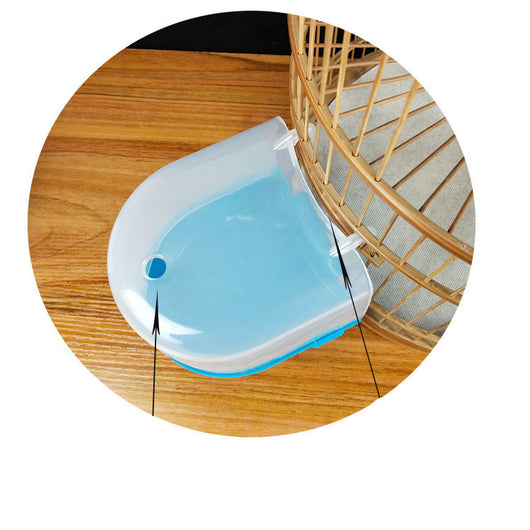 Clear plastic bird bath with a blue base, designed to attach to a yellow and white bird cage. - Image 7