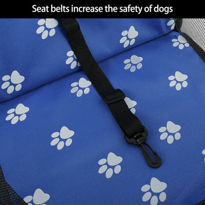 Light grey pet car booster seat with black mesh sides and adjustable straps, installed on a black and red car seat. - Image 25