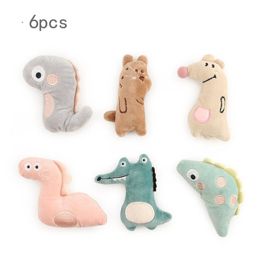 Set of 6 mini plush pet toys including a cat head, two dinosaurs, a strawberry, and two other animals.