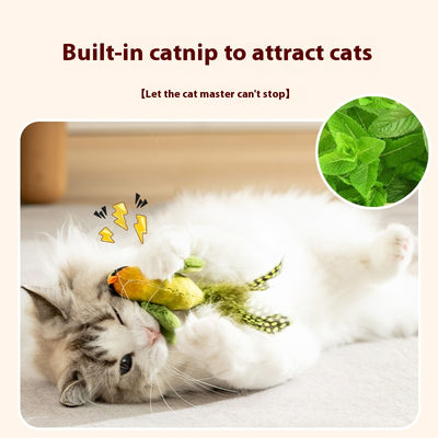 Plush bird cat toy with orange chest, grey body, feathered tail, and an elastic string for interactive play. - Image 5