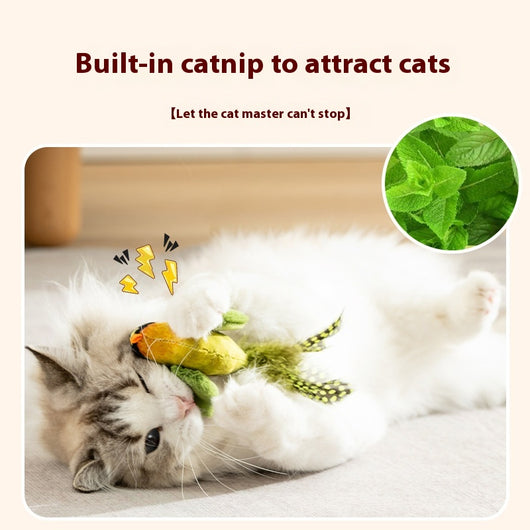 Plush bird cat toy with orange chest, grey body, feathered tail, and an elastic string for interactive play. - Image 5