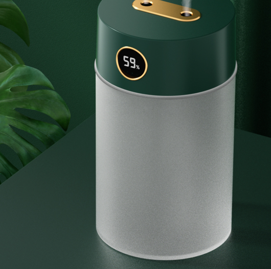 White cylindrical humidifier with a gold nozzle emitting mist, featuring a subtle bear emblem. Includes five aromatherapy oil bottles. - Image 17