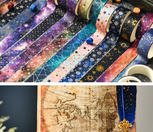Set of six 1.5cm wide decorative tapes featuring starry sky, zodiac signs, moon phases, constellations, and planets. - Image 16