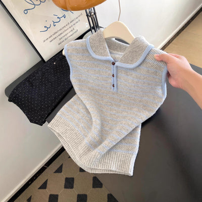 Chaleco Tejido a Rayas Azul y Blanco - Estilo Coreano Casual para Otoño