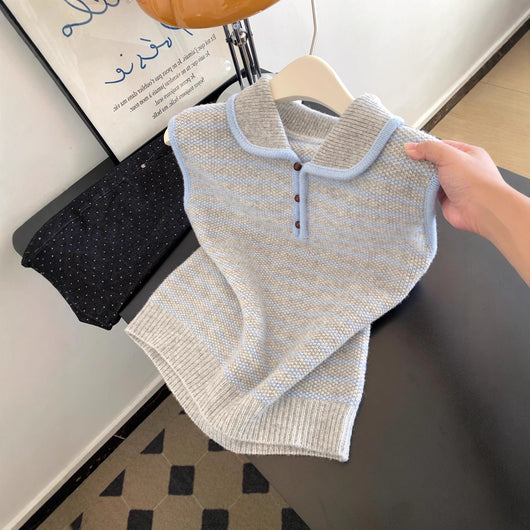 Chaleco Tejido a Rayas Azul y Blanco - Estilo Coreano Casual para Otoño