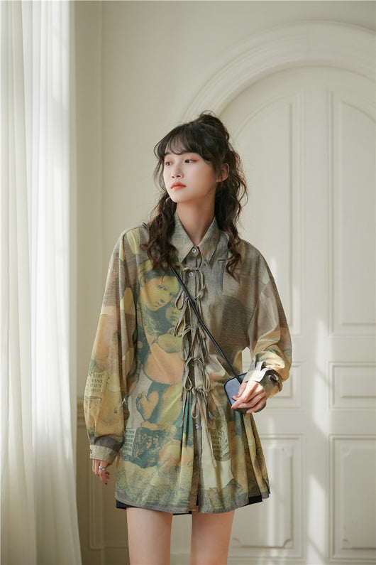 Camisa Manga Larga Estilo Óleo Retro con Moño - Image 8