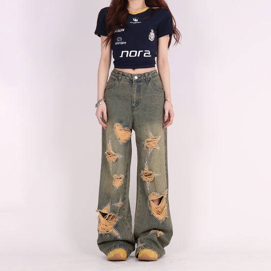 Pantalones Vaqueros Anchos Vintage Desgastados Love