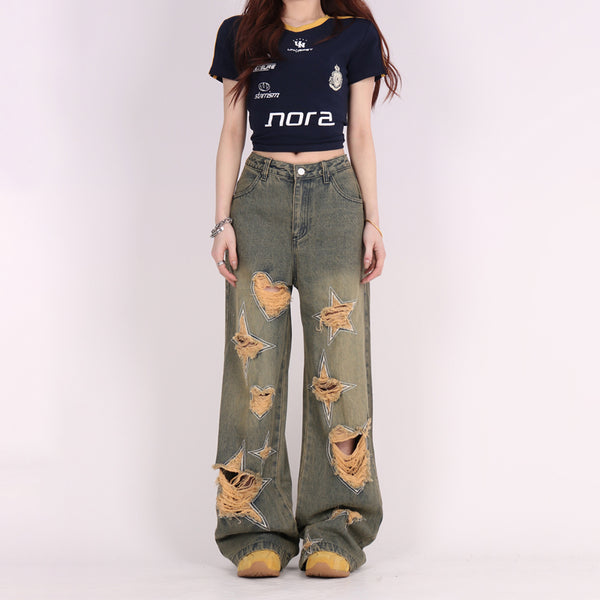 Pantalones Vaqueros Anchos Vintage Desgastados Love