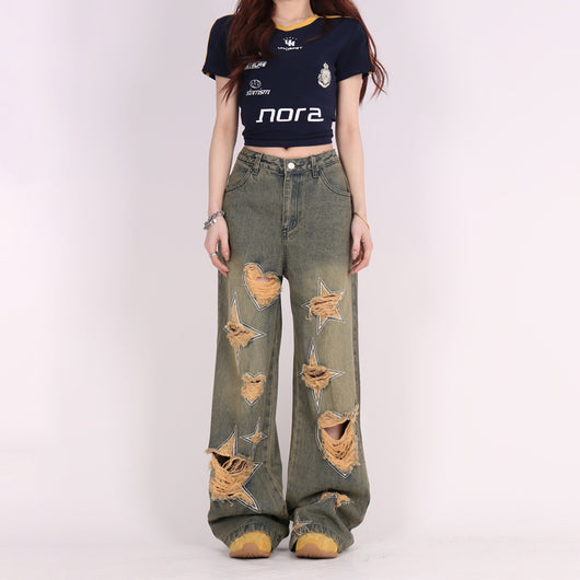 Pantalones Vaqueros Anchos Vintage Desgastados Love