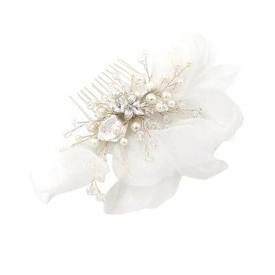 Juego de Peineta Nupcial con Flores de Organza y Aretes Delicados - Image 4