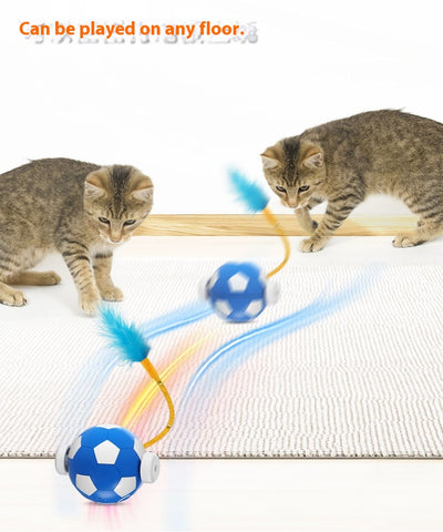 Interactive cat toy with a blue and white soccer ball, a flexible yellow rod with bells, and a blue feather. - Image 11