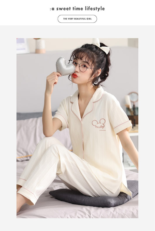 Matching red cotton couple pajamas with short sleeves, long pants, gold piping, and "Love you Dnaw" embroidery. - Image 18