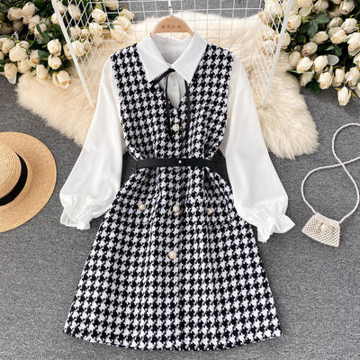 Vestido Houndstooth con Tirantes y Mangas Puff - Image 12