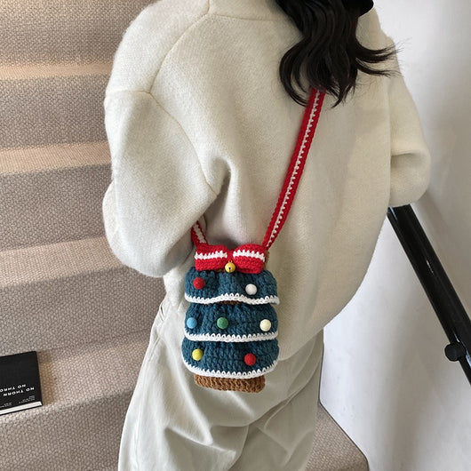 Bolso Cuadrado Navideño de Punto con Árbol de Navidad y Bloques de Color