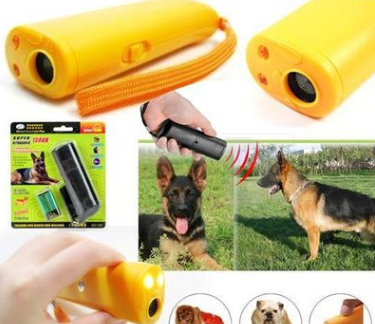 Yellow and black ultrasonic dog training devices with wrist straps, one in retail packaging. - Image 3