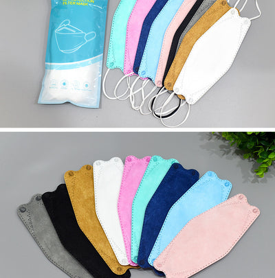 A fan of multi-colored KF94 fish-shaped masks in pink, blue, teal, white, gold, black, and grey, next to a packaged mask. - Image 22
