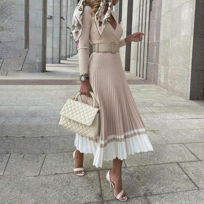 Vestido Plisado Escote V Ajustado con Cinturón - Image 8