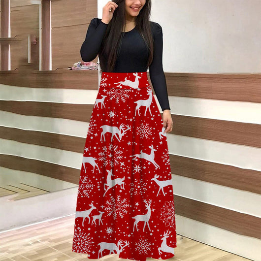 Conjunto de Falda Larga con Estampado Navideño Europeo y Americano