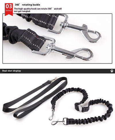Black double-ended pet traction rope with reflective stitching, two elasticized leash segments, and metal snap hooks. - Image 11