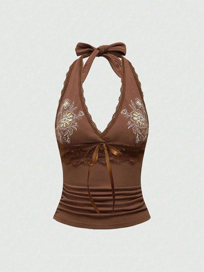 Chaleco Halter de Encaje Floral Bordado Ajustado y Estilizador - Image 12