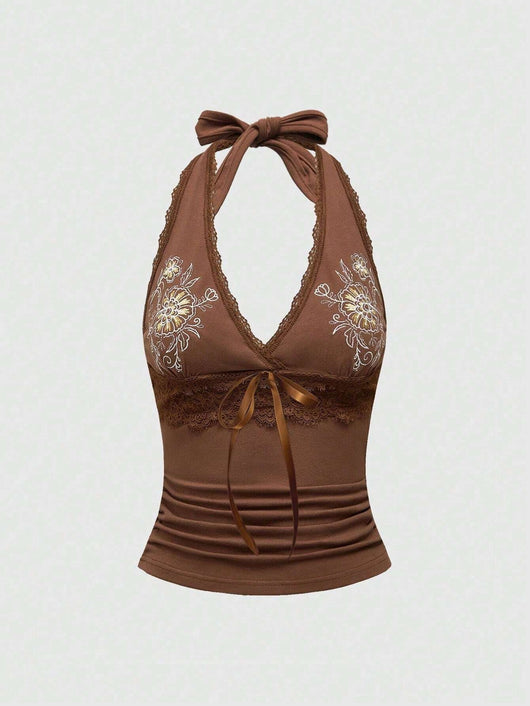 Chaleco Halter de Encaje Floral Bordado Ajustado y Estilizador - Image 12