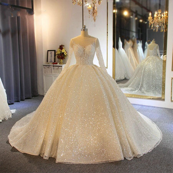 Vestido de Novia Manga Larga Cuello Redondo Cintura Alta