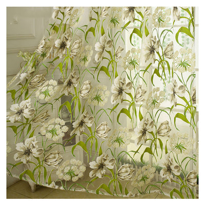 White sheer curtains with a green and beige floral pattern, hanging on a rod in a bright room. - Image 6