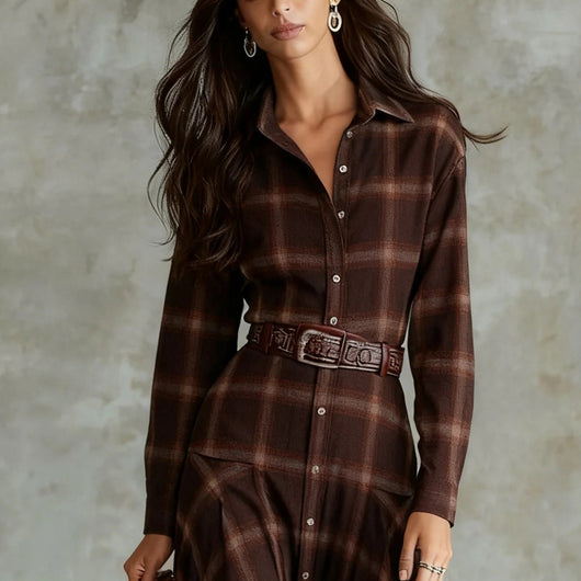 Vestido Camisa Cuadros Retro Chic Manga Larga para Mujer - Image 10