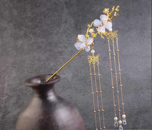 Horquilla Hanfu Flor de Cerezo Estilo Antiguo con Borla y Cristales Blancos - Image 2