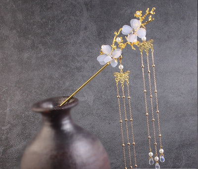 Horquilla Hanfu Flor de Cerezo Estilo Antiguo con Borla y Cristales Blancos - Image 2
